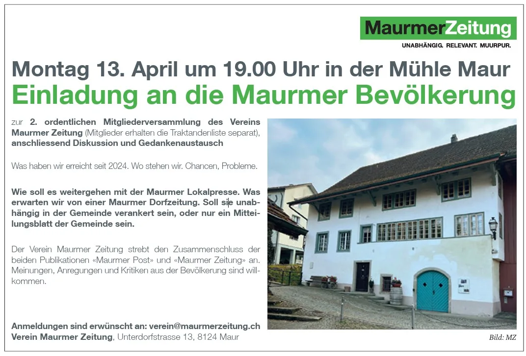 Einladungskarte zur Generalversammlung des Vereins Maurmer Zeitung am 13. April 2026.
